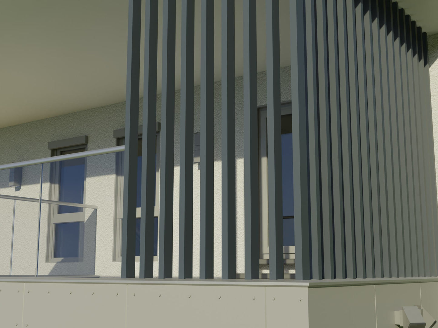 Balcony cover in the form of custom-made aluminum slats